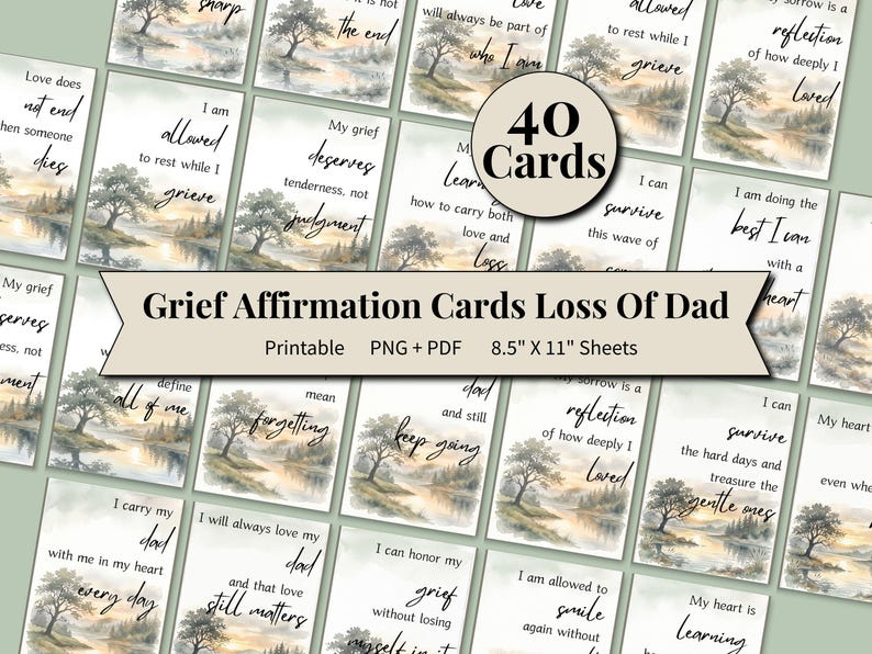 40 grief affirmation cards for loss of dad with watercolor landscapes and inspirational text