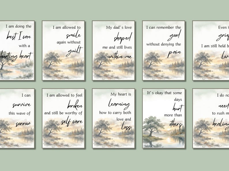 Ten art prints with watercolor landscapes and handwritten grief quotes on a light green background