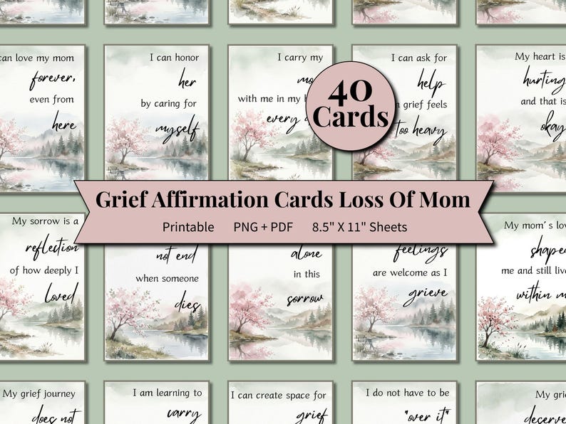 40 grief affirmation cards for loss of a mother with watercolor landscapes and gentle affirmations