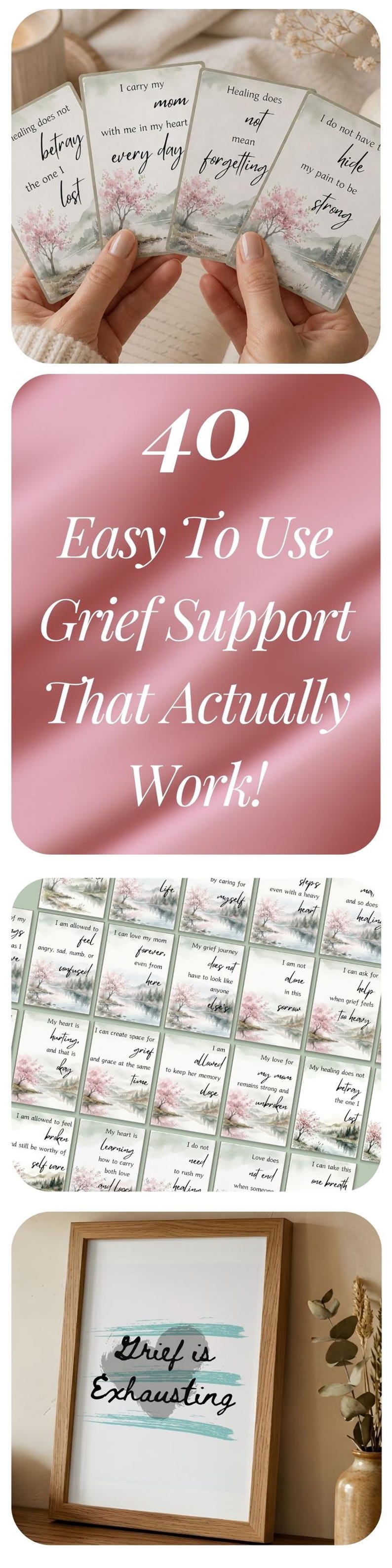 40 grief support cards with cherry blossom watercolor illustrations and a framed grief is exhausting print