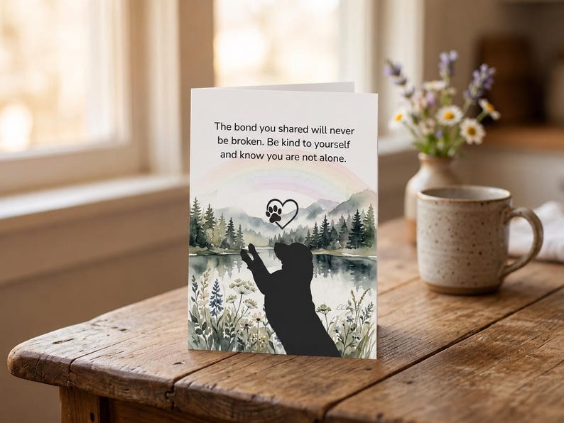 Greeting card with a dog silhouette reaching for a paw print heart, the bond you shared will never be broken