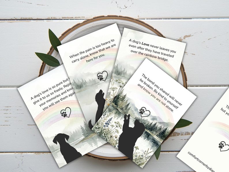 Sympathy cards with watercolor landscapes, rainbows and dog silhouettes and heartfelt pet loss messages