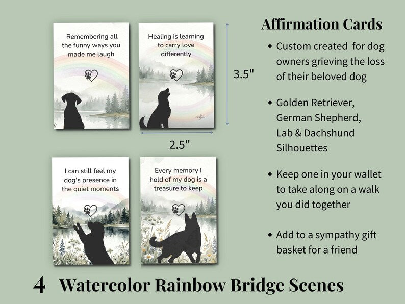 Four affirmation cards with watercolor scenes and dog silhouettes for grieving dog owners