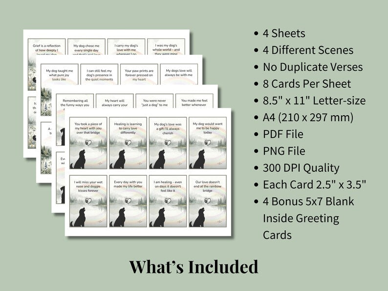 Printable greeting cards with dog silhouettes in serene landscapes, 4 sheets and 8 cards per sheet