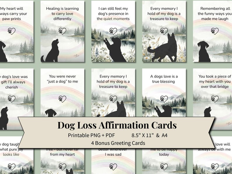 Dog loss affirmation cards with watercolor dogs and rainbows, printable PNG and PDF with 4 bonus cards