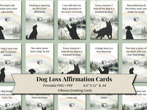 Dog loss affirmation cards with watercolor dogs and rainbows, printable PNG and PDF with 4 bonus cards