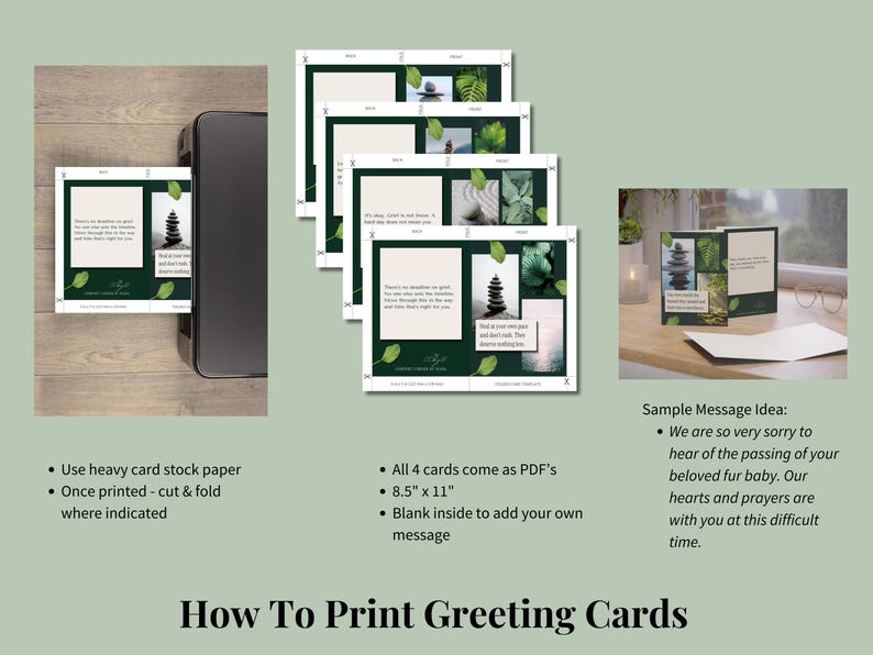 Pet loss affirmation card design with dark green border and nature collage