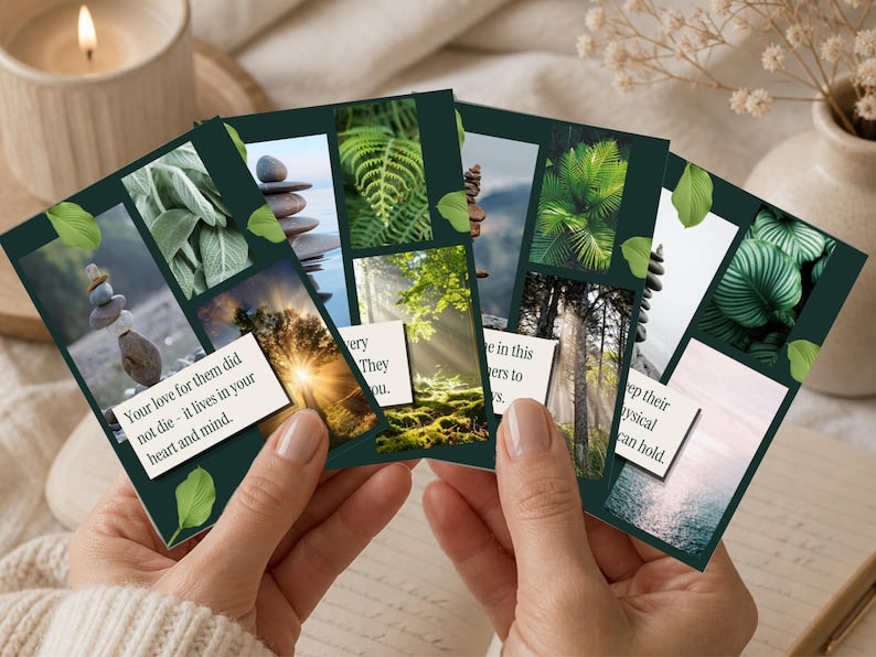 Grief affirmation cards held close up with a lit candle and journal, your love for them did not die verse