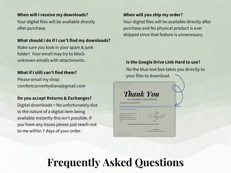Frequently asked questions graphic on sage green with download and contact instructions