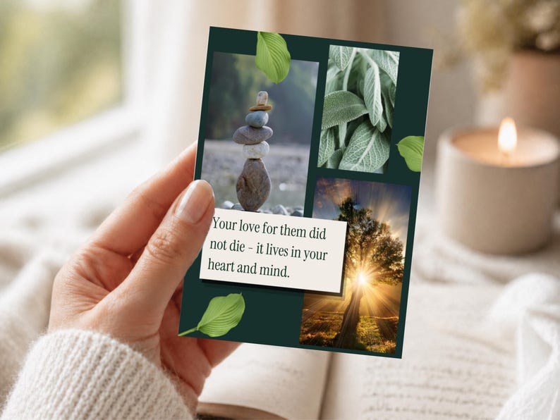 Sympathy card with dark green background and three nature photo inserts, your love for them did not die verse