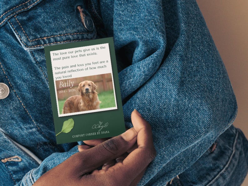 Dark green memorial card with a golden retriever named Baily 2014-2026 and a comforting verse