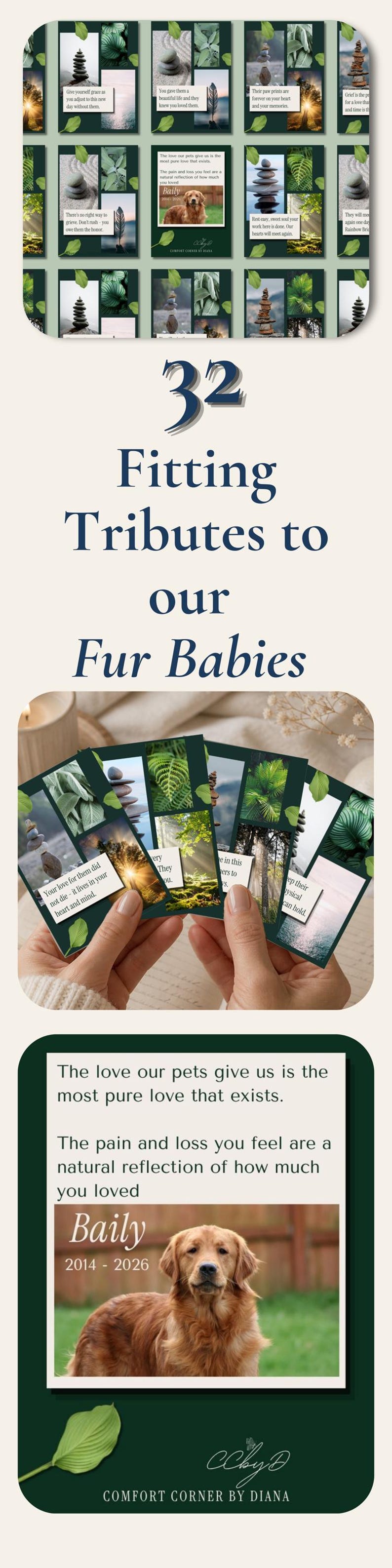 Pet memorial cards with green botanical borders and a golden retriever Baily 2014-2026