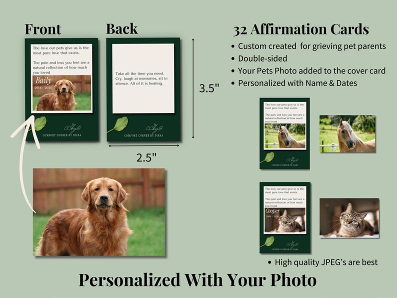 32 double-sided affirmation cards with dark green borders, leaf icon, personalized pet photo name and dates
