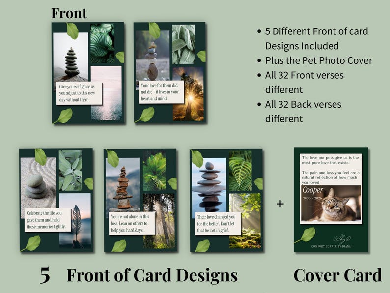 Five sympathy card designs with nature imagery and a pet memorial cover card reading Cooper 2006-2026