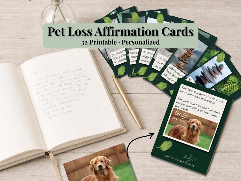 Pet loss affirmation cards to print, golden retriever on a dark green card fanned on a desk with grief journal
