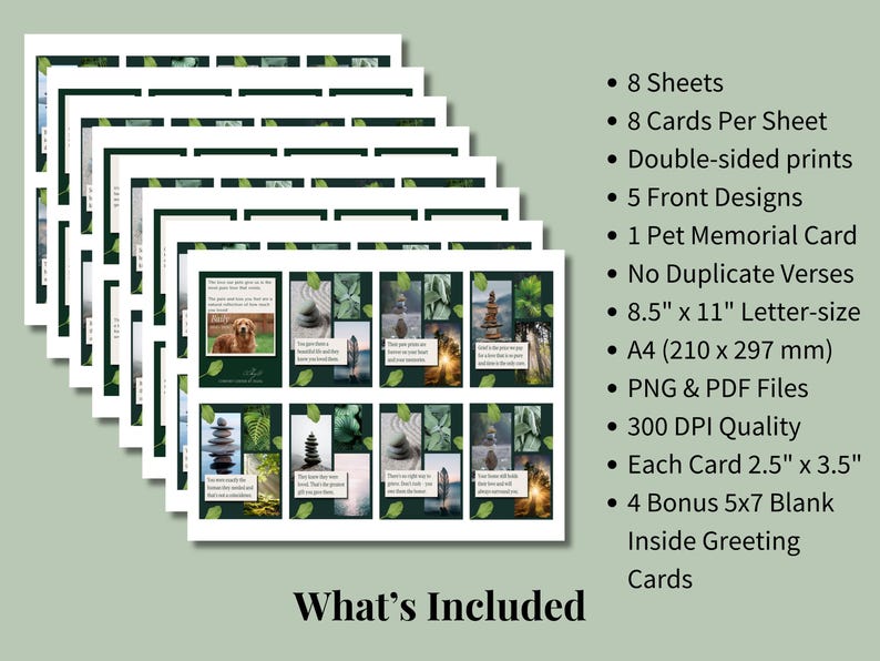 8 sheets with 8 cards each, double-sided, 5 front designs, 300 DPI PNG and PDF letter-size files
