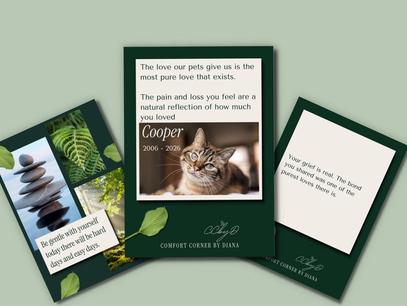Cards personalized with a cat photo and dates, front and back view showing double-sided design