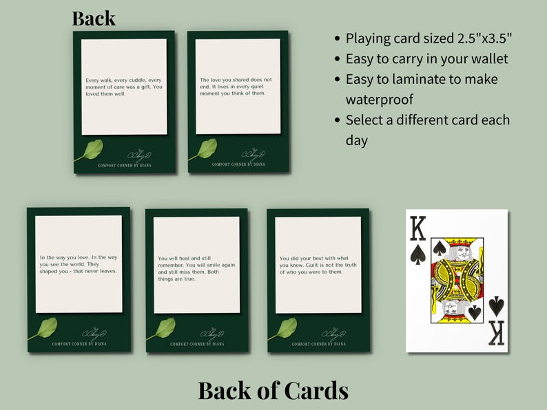 Five cards with dark green borders and cream centers shown beside a king of spades for size comparison