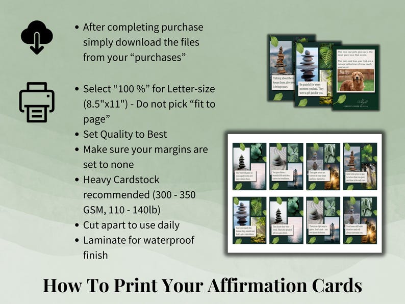 Printing instructions guide for the affirmation cards with paper, quality, margin and cardstock tips