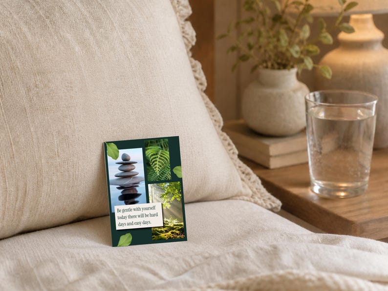Card with dark green background and three photo panels, be gentle with yourself today verse