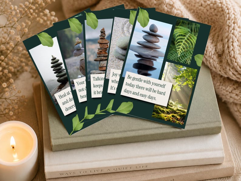 Five cards with dark green borders and leaf accents featuring gentle encouragement verses
