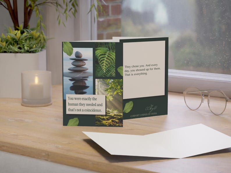Folded greeting card, dark green nature collage, you were exactly the human they needed verse