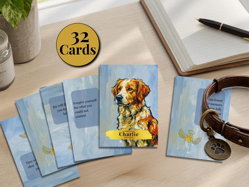 Personalized dog loss affirmation cards 32 card set with custom Golden Retriever portrait cover card