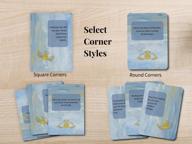 Card style options comparing square corners and rounded corners with painterly blue card fronts