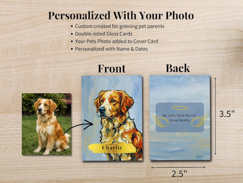 Pet photo transformed into a painted custom portrait cover card with name and dates