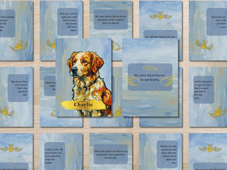 Flat lay of the 32 card set with custom Golden Retriever portrait cover card and painterly blue cards