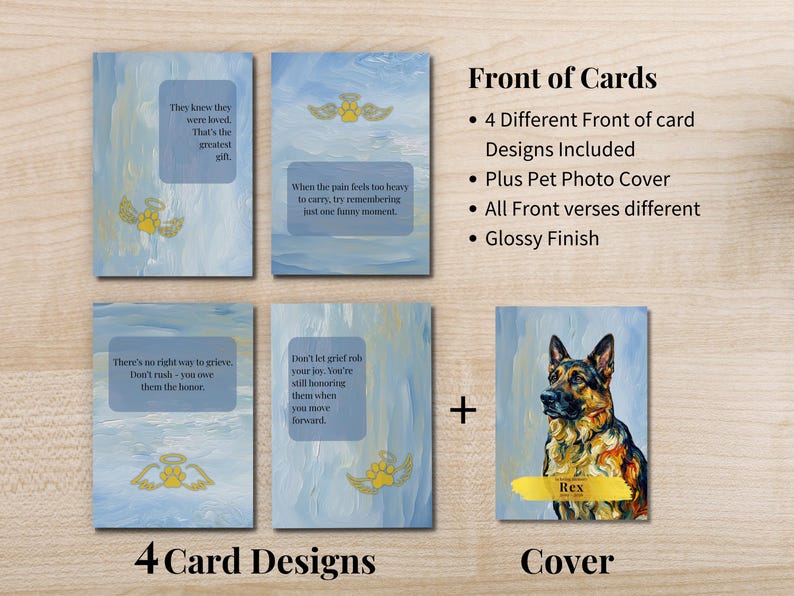Four unique front designs each with a different comforting grief verse and angel wing paw motif