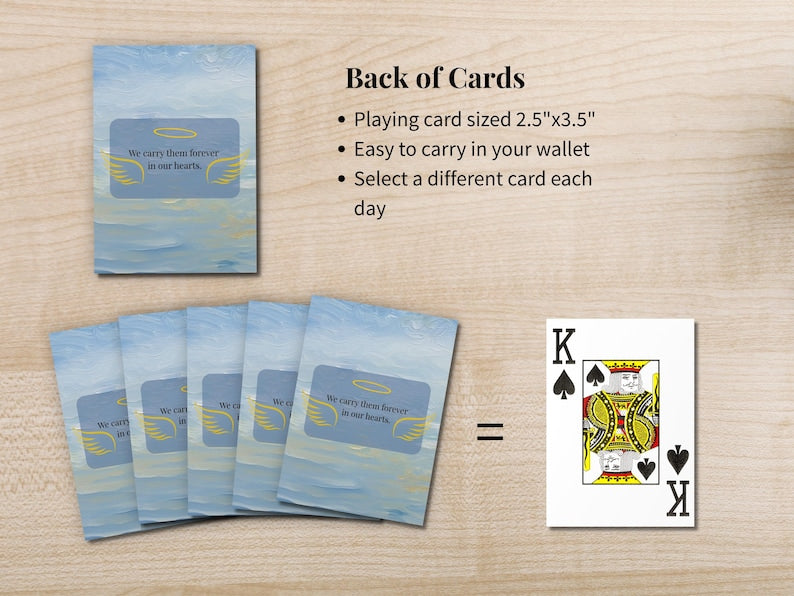 Back of cards at playing card size next to a king of spades for scale