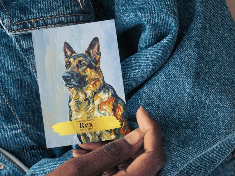Hand holding the custom German Shepherd portrait cover card with in loving memory name and dates banner