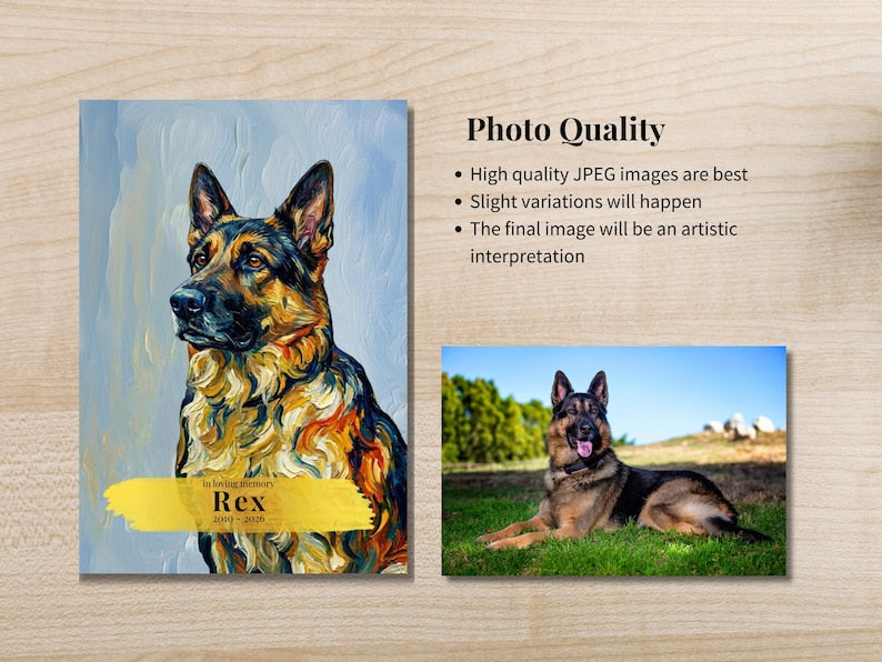German Shepherd photo turned into painterly custom portrait cover card in loving memory