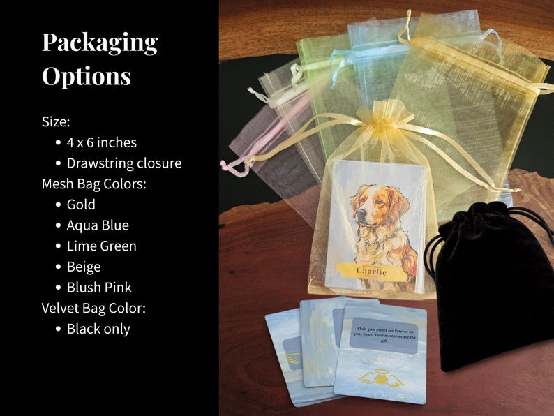 Gift bag options in gold aqua blue lime green beige blush pink mesh and black velvet