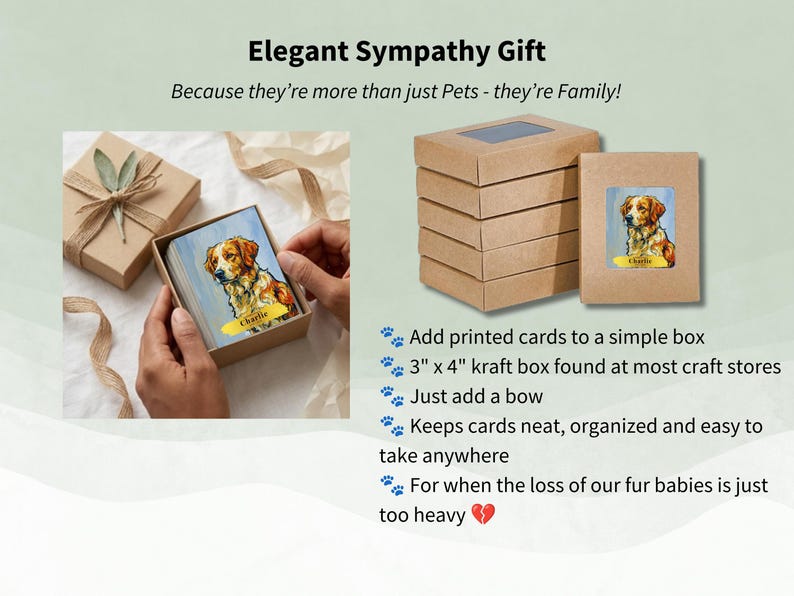 Cards presented as an elegant pet sympathy gift in a kraft gift box with custom portrait card