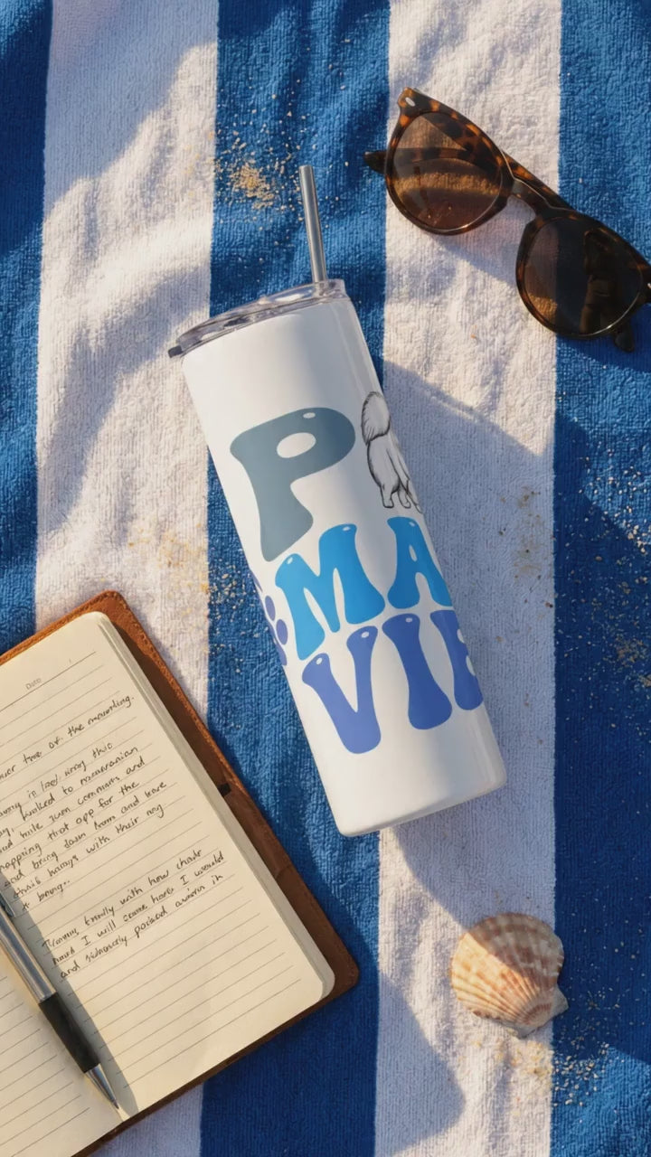 Pom Mama Vibes Stainless Steel Tumbler 20oz | Pomeranian Dog Mom Gift | Retro Dog Lover Tumbler with Lid & Straw | 360° Wrap Design