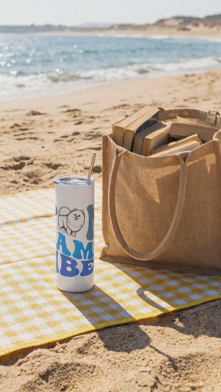 Pom Mama Vibes Stainless Steel Tumbler 20oz | Pomeranian Dog Mom Gift | Retro Dog Lover Tumbler with Lid & Straw | 360° Wrap Design